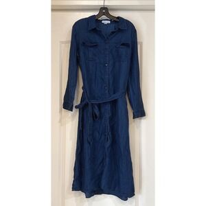 Coldwater Creek dress PM denim blue maxi button pockets Belt Cottagecore Prairie